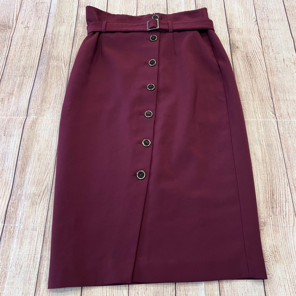 White House Black Market Burgundy Belted Button Front Pencil Skirt Size 4
